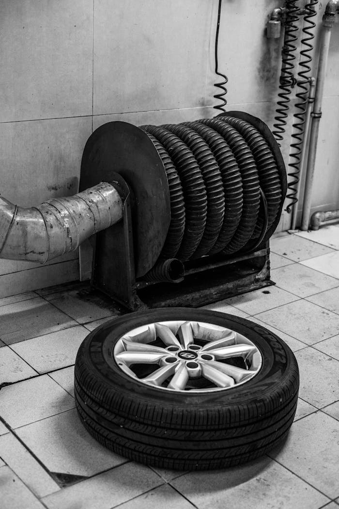 The Art of Drawing Readers In: Your attractive post title goes here A black and white photo of a tire on the floor of a car repair shop next to equipment.